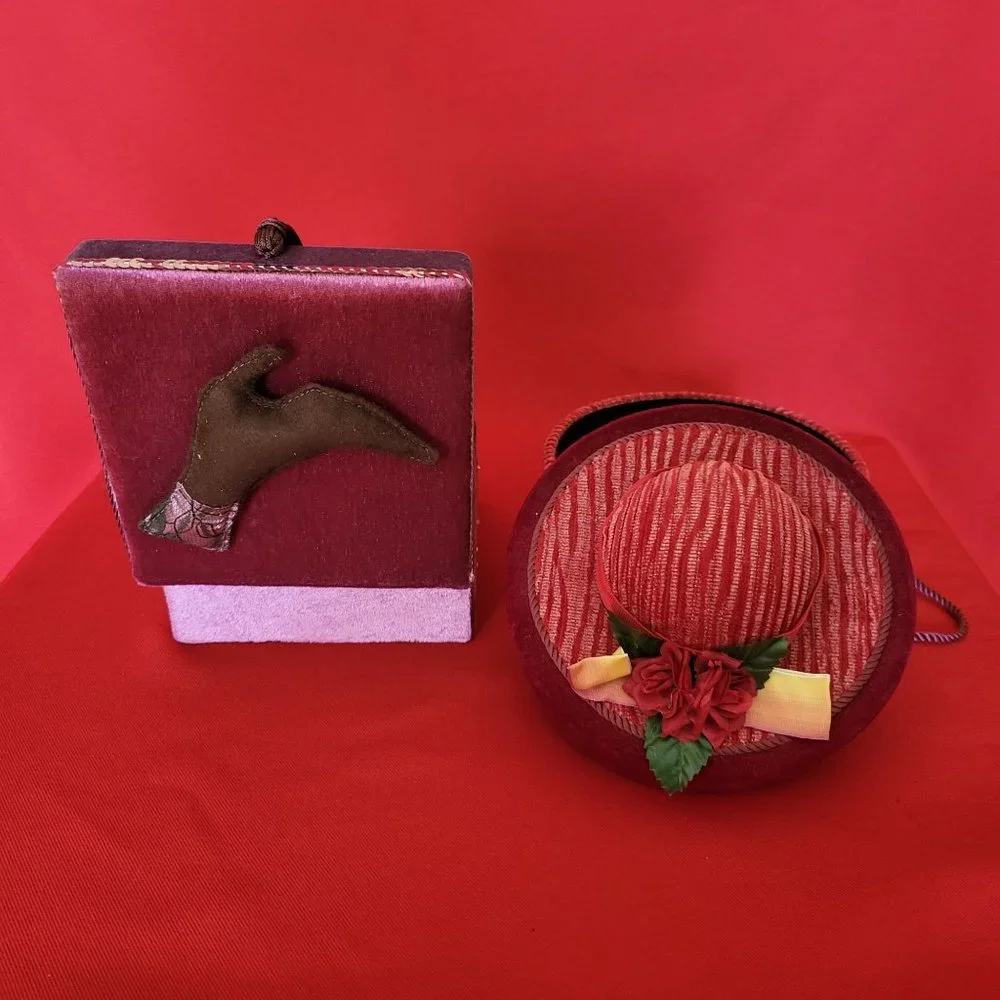 Dept 52 Sewing Box Red Velvet Square and Hat Shape Set of 2 Holiday Time